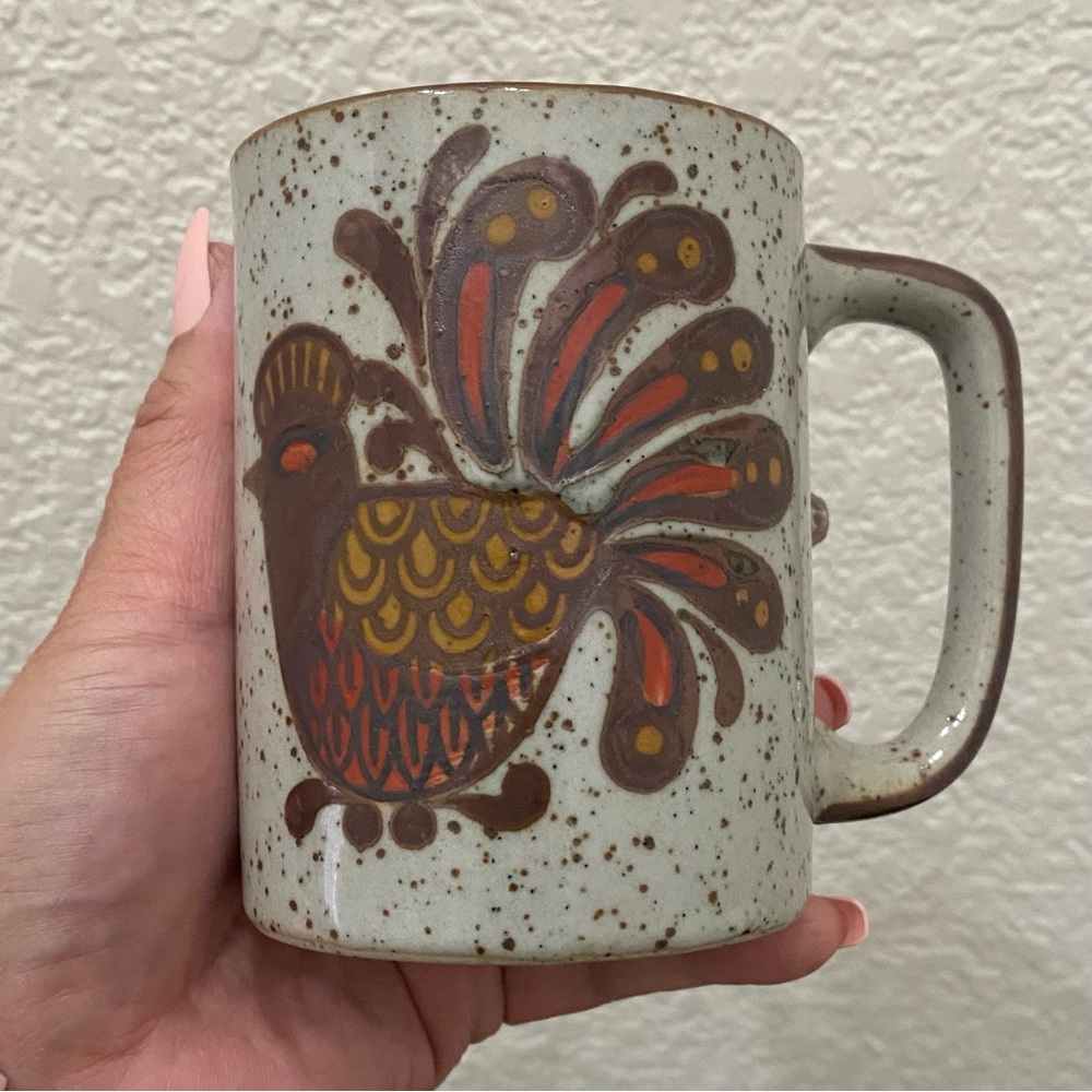 Lot 2 Vintage Otagiri Style Speckled Stoneware Rooster & Flower Mugs - Picture 9 of 13
